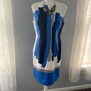 Abstract Blue, White, & Grey Print Dress